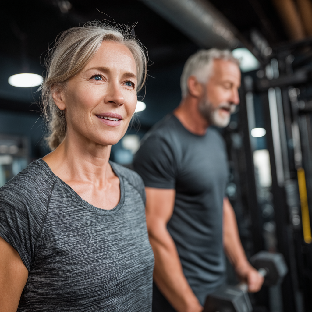 Experienced fitness trainers working with mature adults in modern gym facility