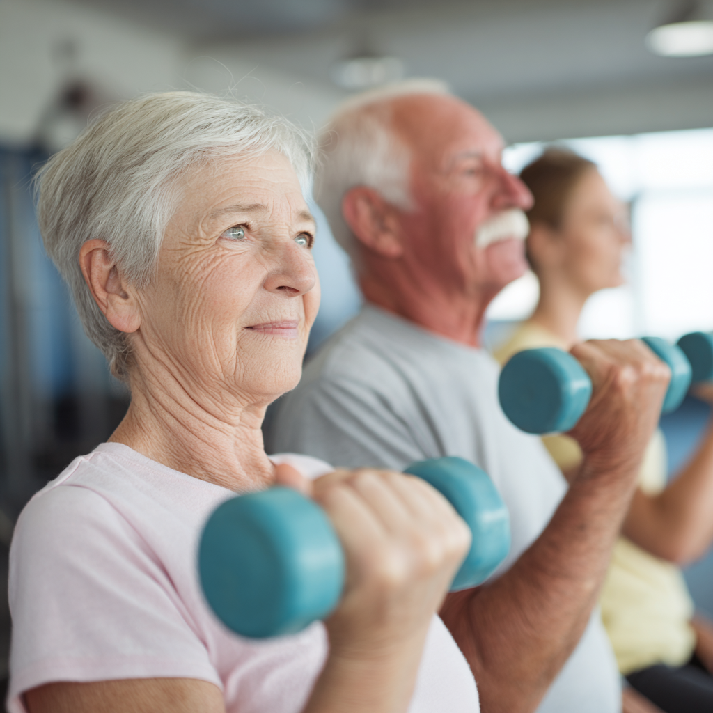 Senior adults doing strength training exercises with professional guidance